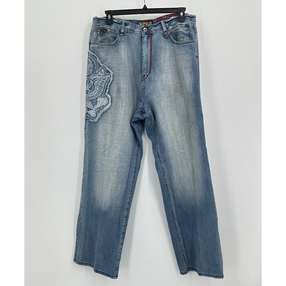 Y2K Akademics‎ Jeans Mens 38 Blue Red Denim Butt Hit Hip Hop Streetwear Patches